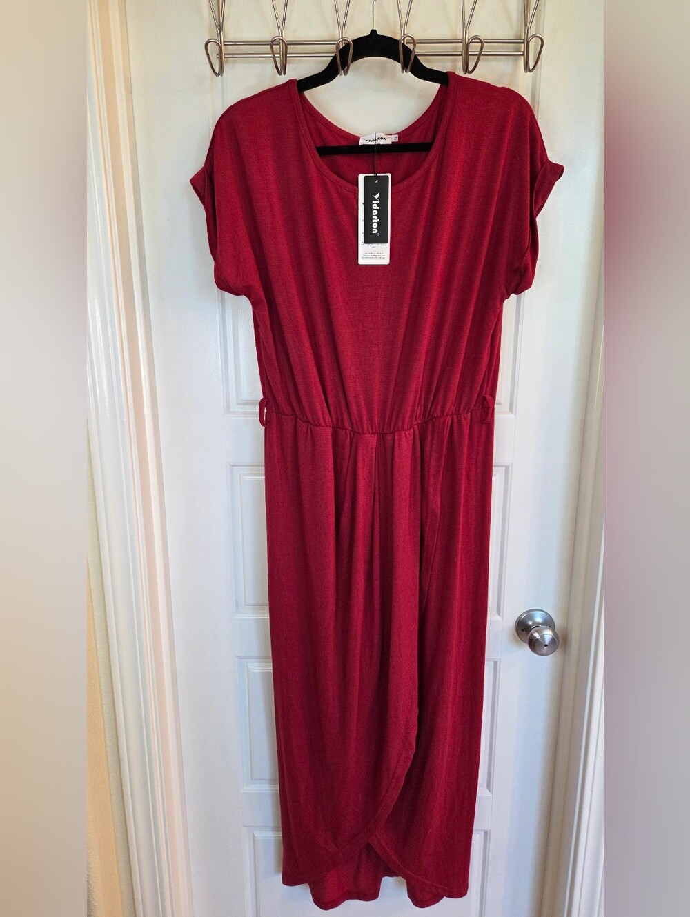 Yidarton Women's Burgundy Faux Wrap Maxi Dress XL Short Sleeve NWT